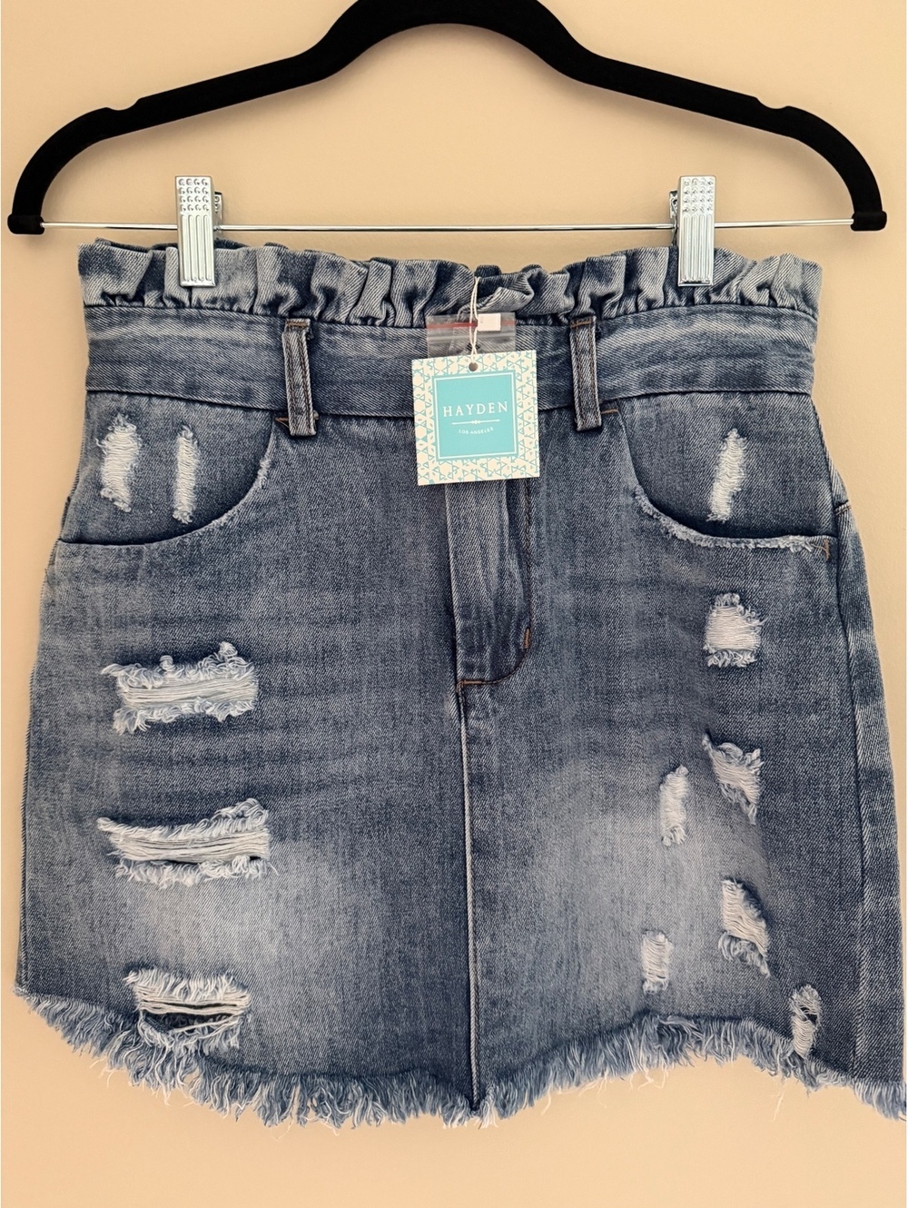NWT Hayden LA, small, paper bag waist, distressed denim skirt